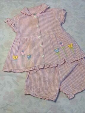 Mon Petit Pink Gingham Seersucker Set Bloomer Style 12M Vintage